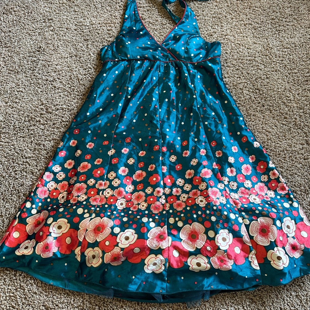 Teal Floral Halter Dress Magazine Fairy Festival Coquette Silk Garden Twirl